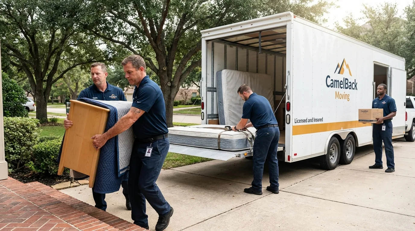 Crew loading residential truck for cross-state move from Marshall, TX