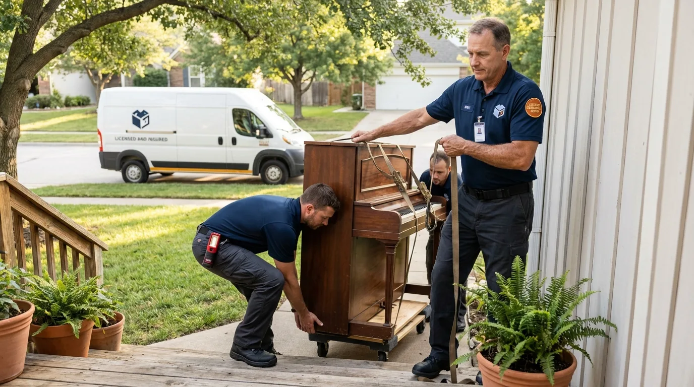 Licensed piano movers securing grand piano in Marshall, TX