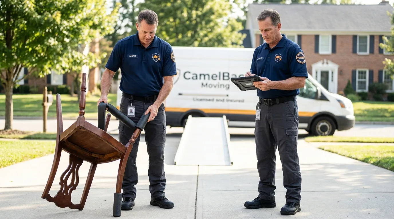 Movers inspecting furniture for damage prevention before loading in Marshall, TX
