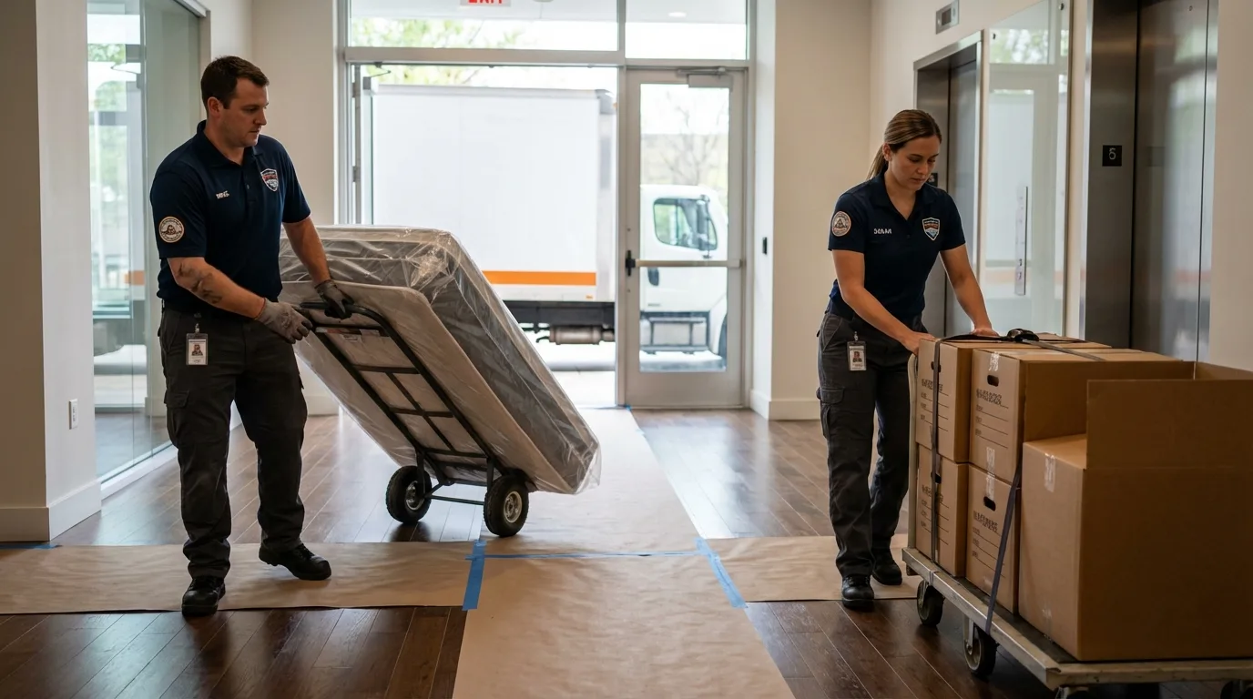 Professional apartment movers loading elevator in Marshall, TX